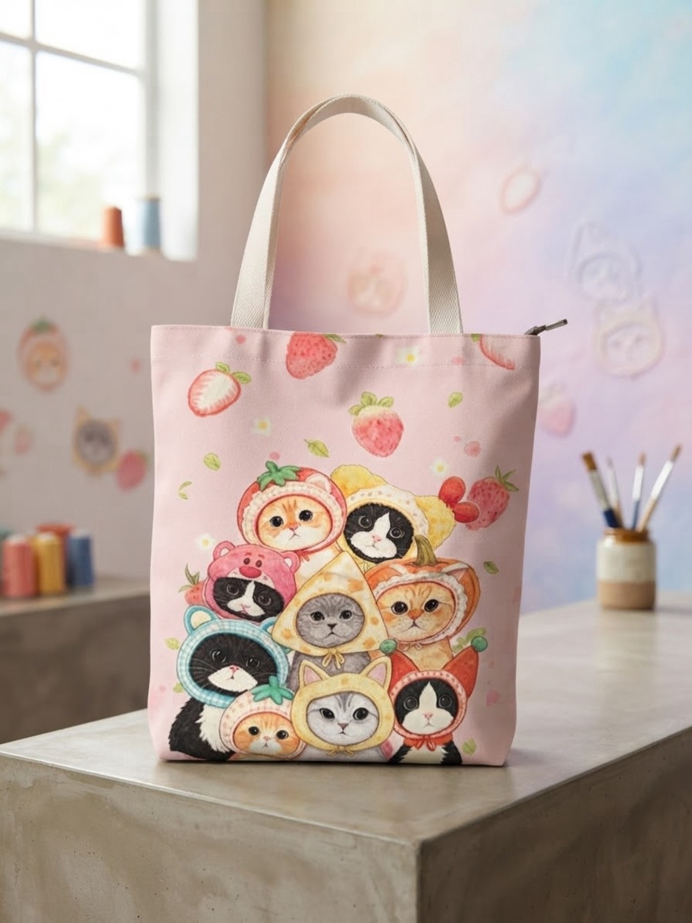 Cute Pink Cat Print Tote Bag - Women's Casual Shoulder Bag